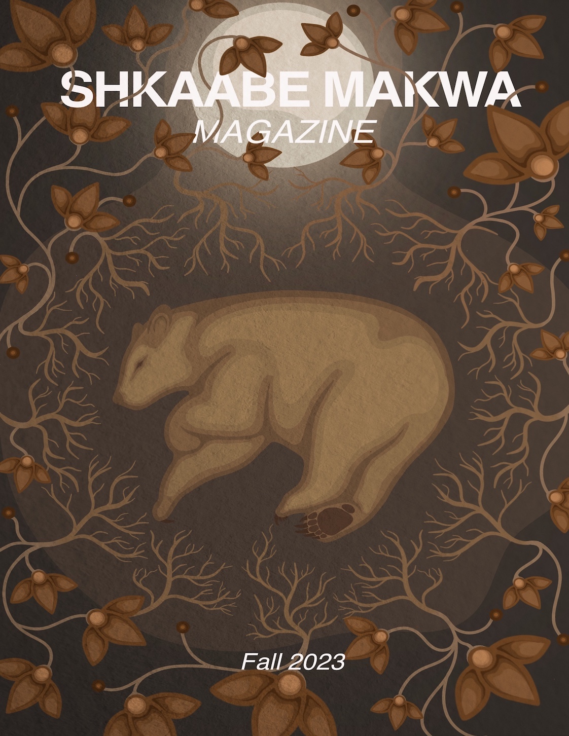 The cover of Shkaabe Makwa Magazine fall 2023. An illustration of a brown bear sleeps among fall leaves.